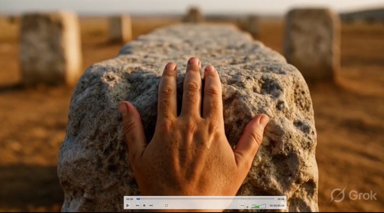Grok Imagine video still showing a hand placed on an ancient stone in a desert landscape, cinematic golden hour lighting