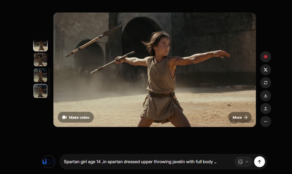 Grok Imagine interface showing four generated variants of a Spartan warrior throwing a javelin
