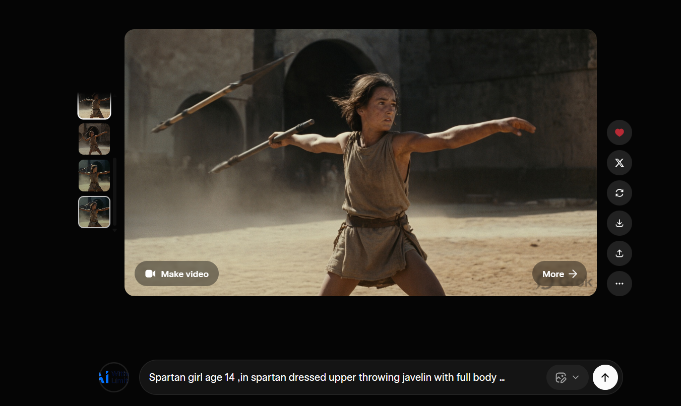 Grok Imagine interface showing four generated variants of a Spartan warrior throwing a javelin