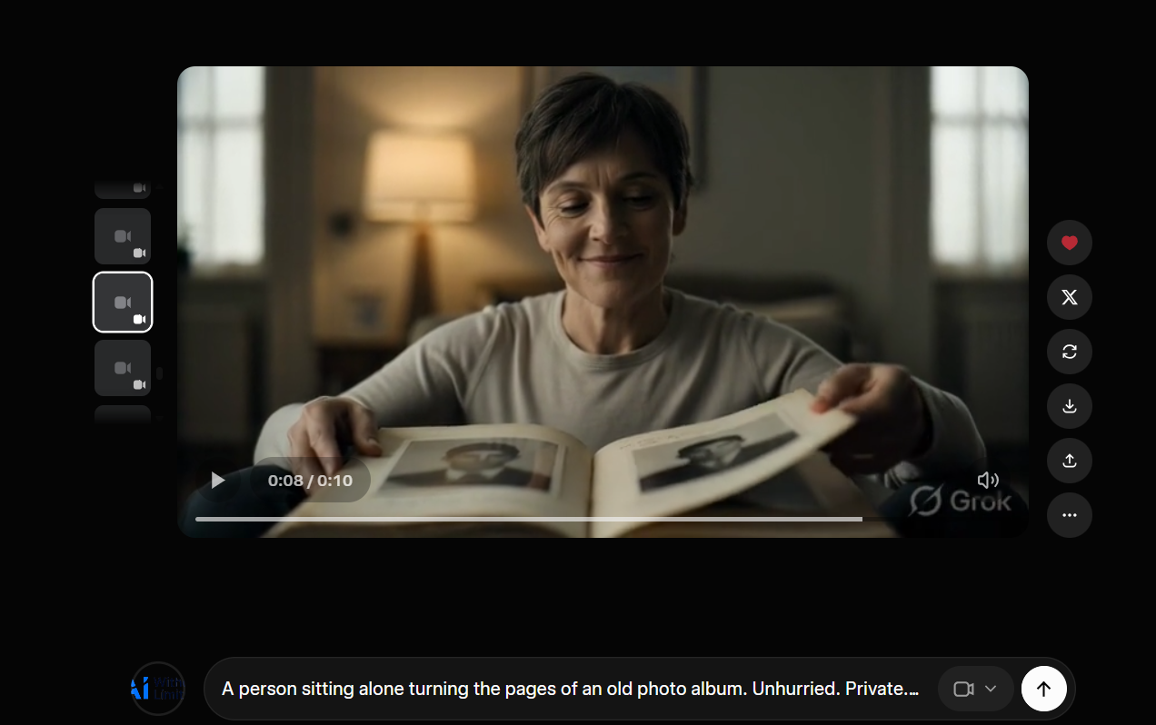 Grok Imagine video still — woman turning pages of old photo album in warm lamp light, but photos inside album are facing the wrong way