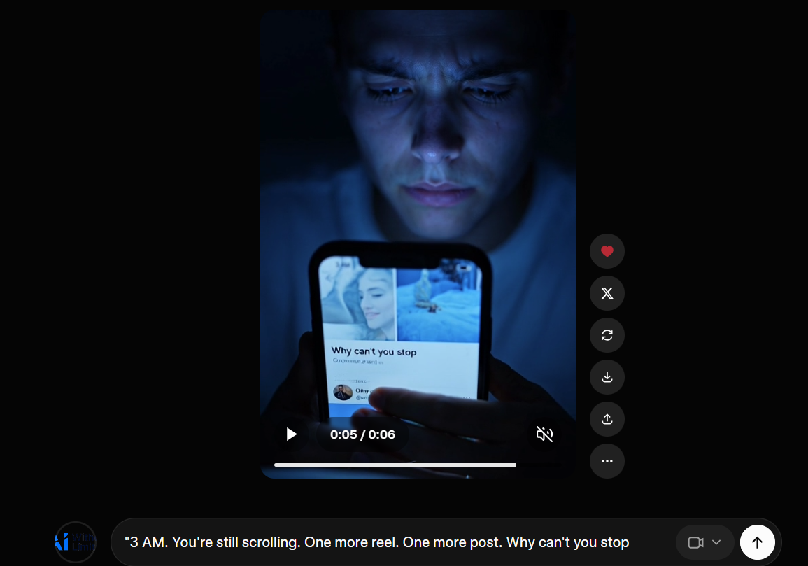 Grok Imagine video still, man's face lit by phone screen at 3 AM, but phone screen faces the camera not the user