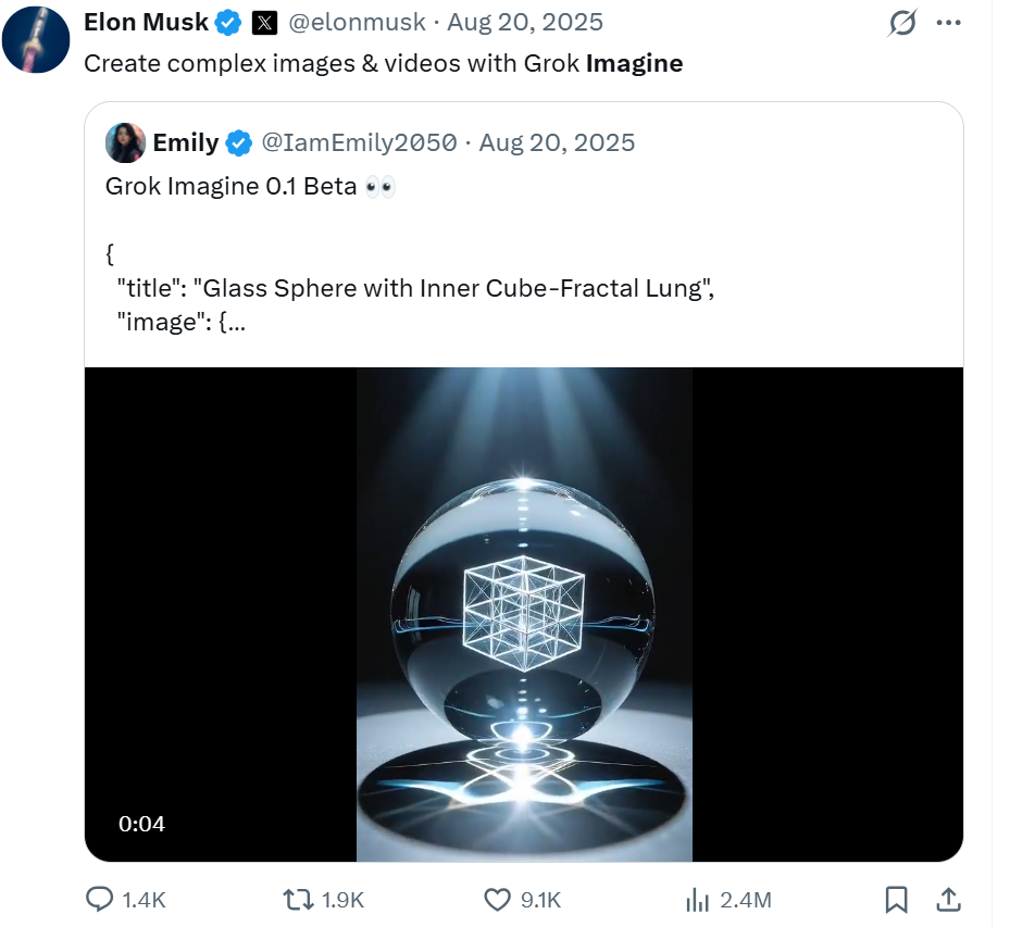 Elon Musk post on X promoting Grok Imagine